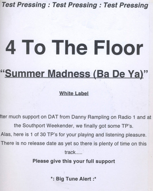 4 To The Floor* - Summer Madness (Ba De Ya) (12", TP, W/Lbl)