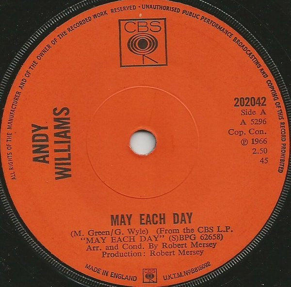 Andy Williams - May Each Day (7", Sol)