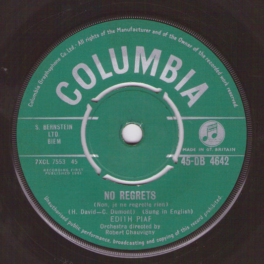 Edith Piaf - No Regrets (7", Single)