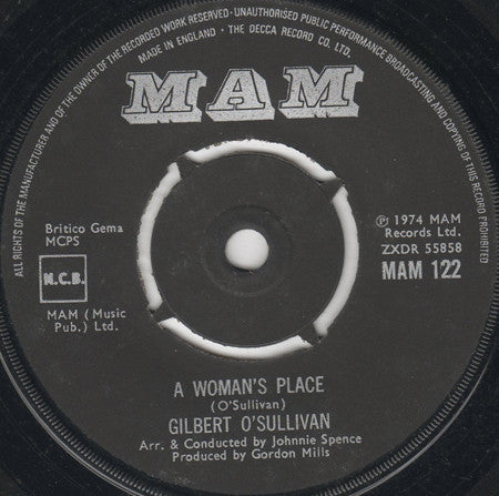 Gilbert O'Sullivan - A Woman's Place / Too Bad (7")