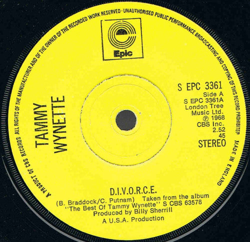 Tammy Wynette - D.I.V.O.R.C.E. (7", Single, Sol)