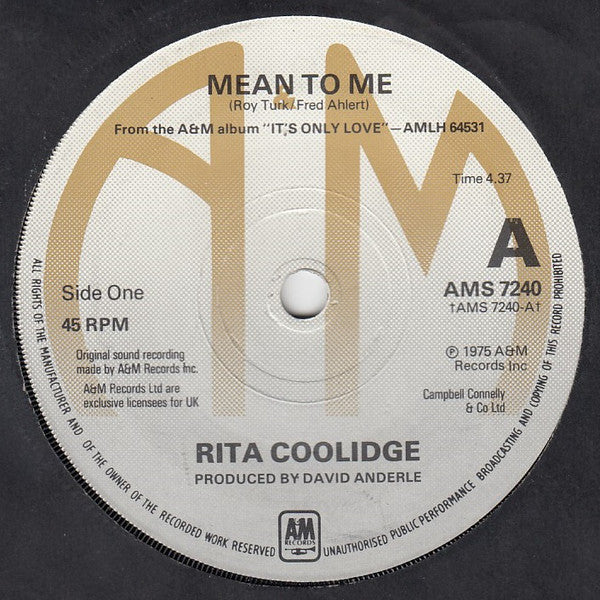 Rita Coolidge - Mean To Me (7", Single)