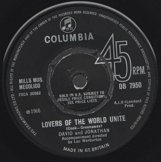 David And Jonathan* - Lovers Of The World Unite (7")