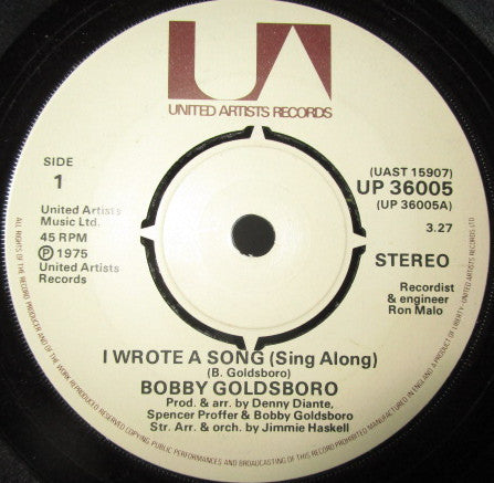 Bobby Goldsboro - I Wrote A Song ( Sing Along ) (7")