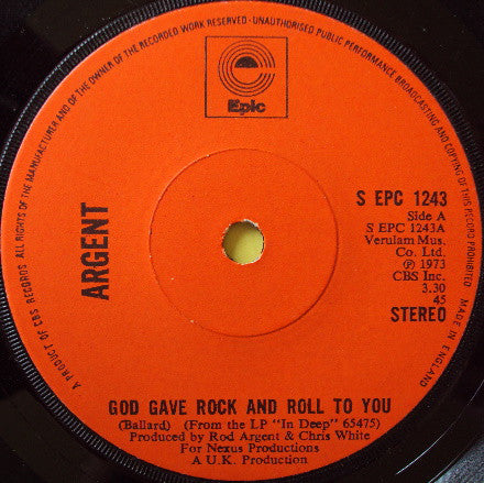 Argent - God Gave Rock And Roll To You (7", Ora)