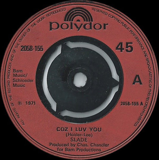 Slade - Coz I Luv You (7", Single, Red)