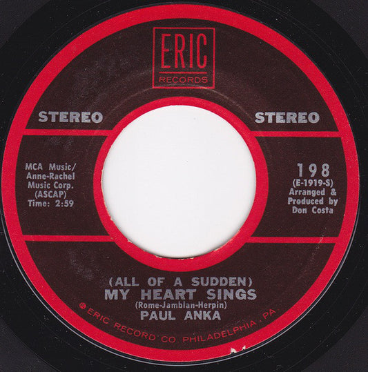 Paul Anka - (All Of A Sudden) My Heart Sings / My Home Town (7", RE)