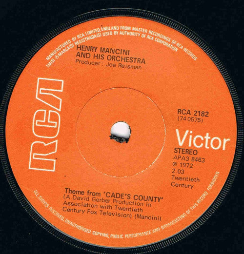 Henry Mancini And His Orchestra - Theme From 'Cade's County' (7", Sol)