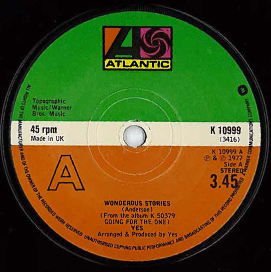 Yes - Wonderous Stories (7", Single)