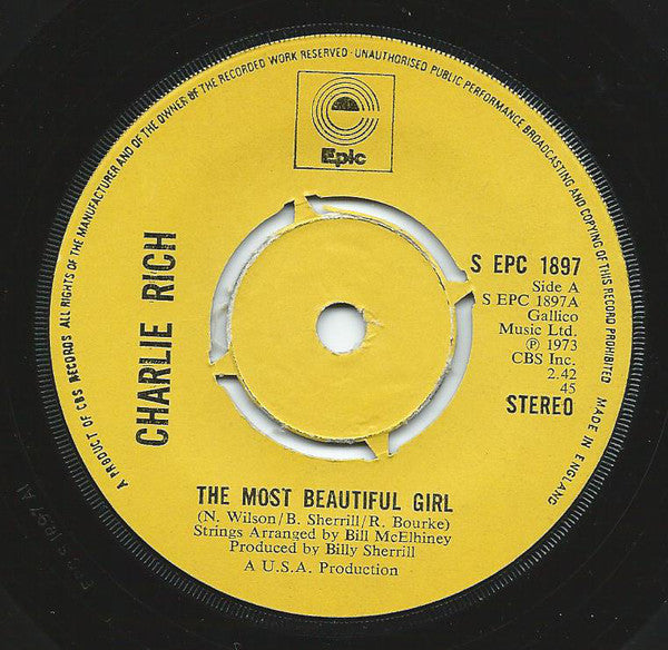 Charlie Rich - The Most Beautiful Girl (7", Single, Kno)