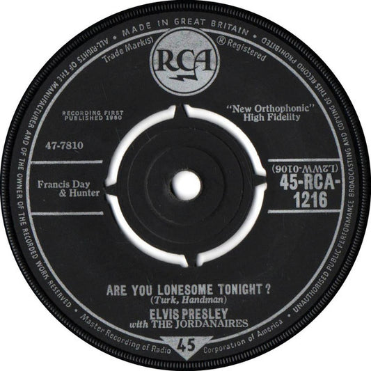 Elvis Presley With The Jordanaires - Are You Lonesome Tonight? (7", Single)