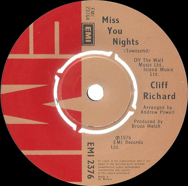 Cliff Richard - Miss You Nights (7", Single)