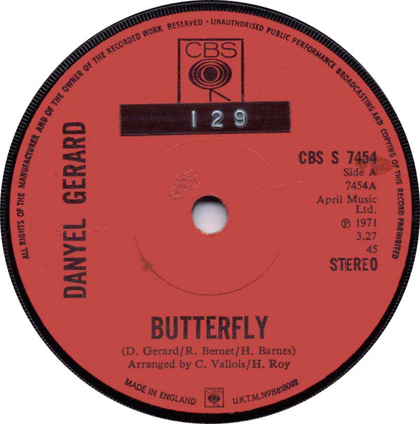 Danyel Gerard* - Butterfly  (7", Single, Sol)