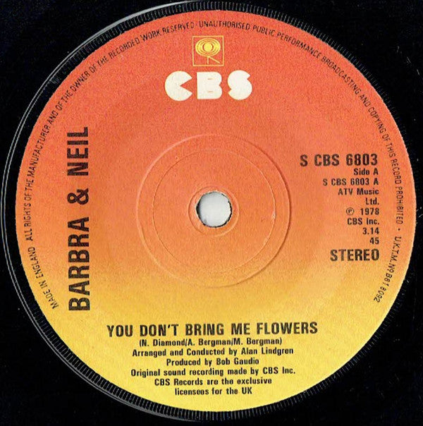 Barbra* & Neil* - You Don't Bring Me Flowers (7", Sol)