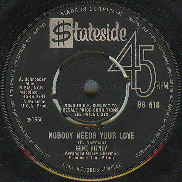 Gene Pitney - Nobody Needs Your Love (7", Single)